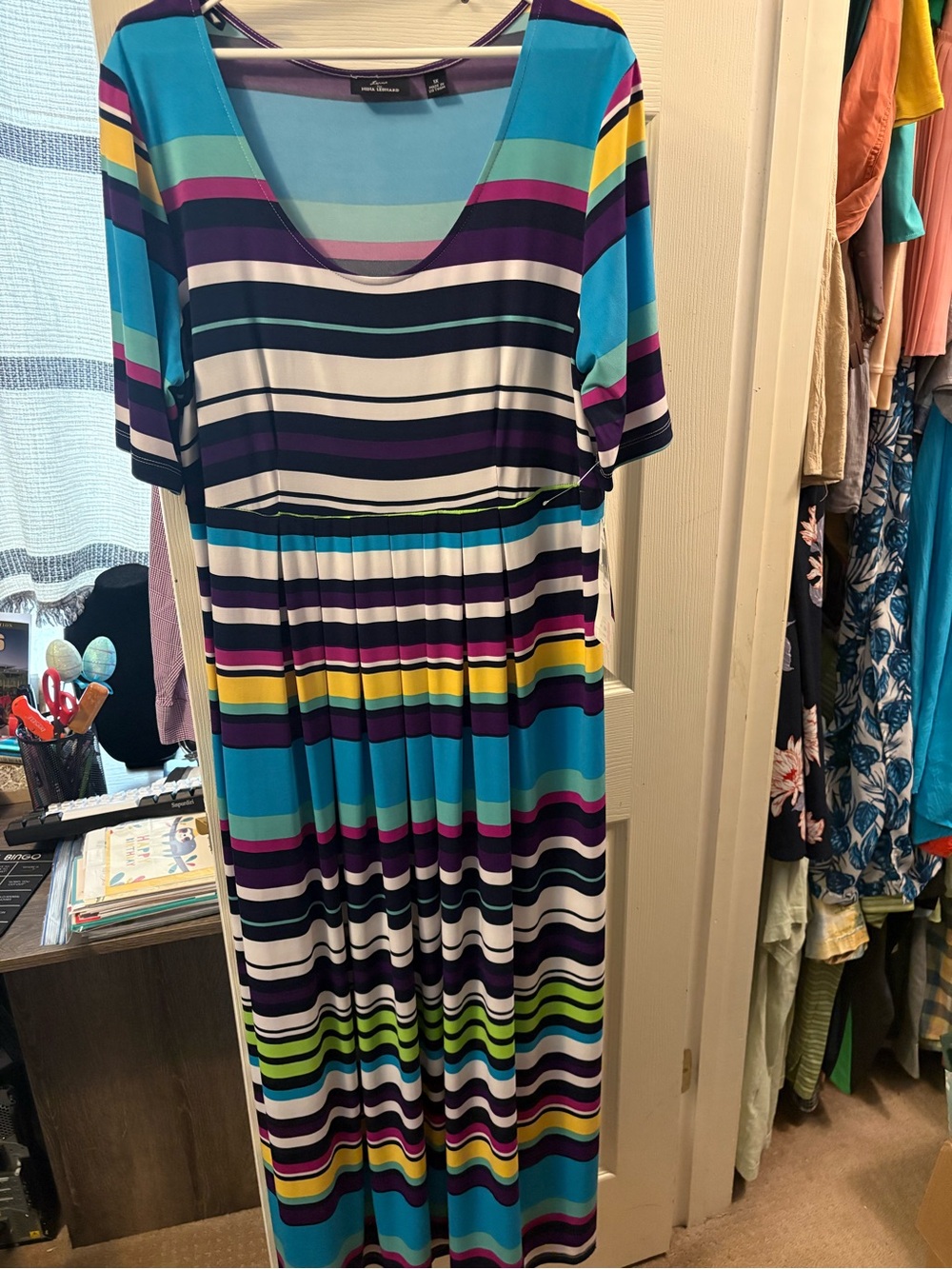 New Nina Leonard Striped Scoop Neck Maxi Dress in Blue, Purple, White and Yellow